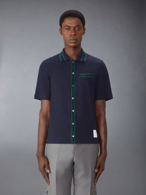 Camisas Thom Browne Pointelle Cotton Hombre Azules | WEG58M52989