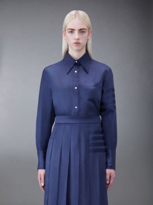 Camisas Thom Browne Silk Twill 4-Bar Oversized Mujer Azules | CLG59Y11530