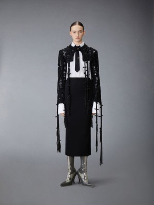 Cárdigan Thom Browne Cashmere Silk Cable Ladder Stitch Cropped Crewneck Mujer Negras | GSR01O68570