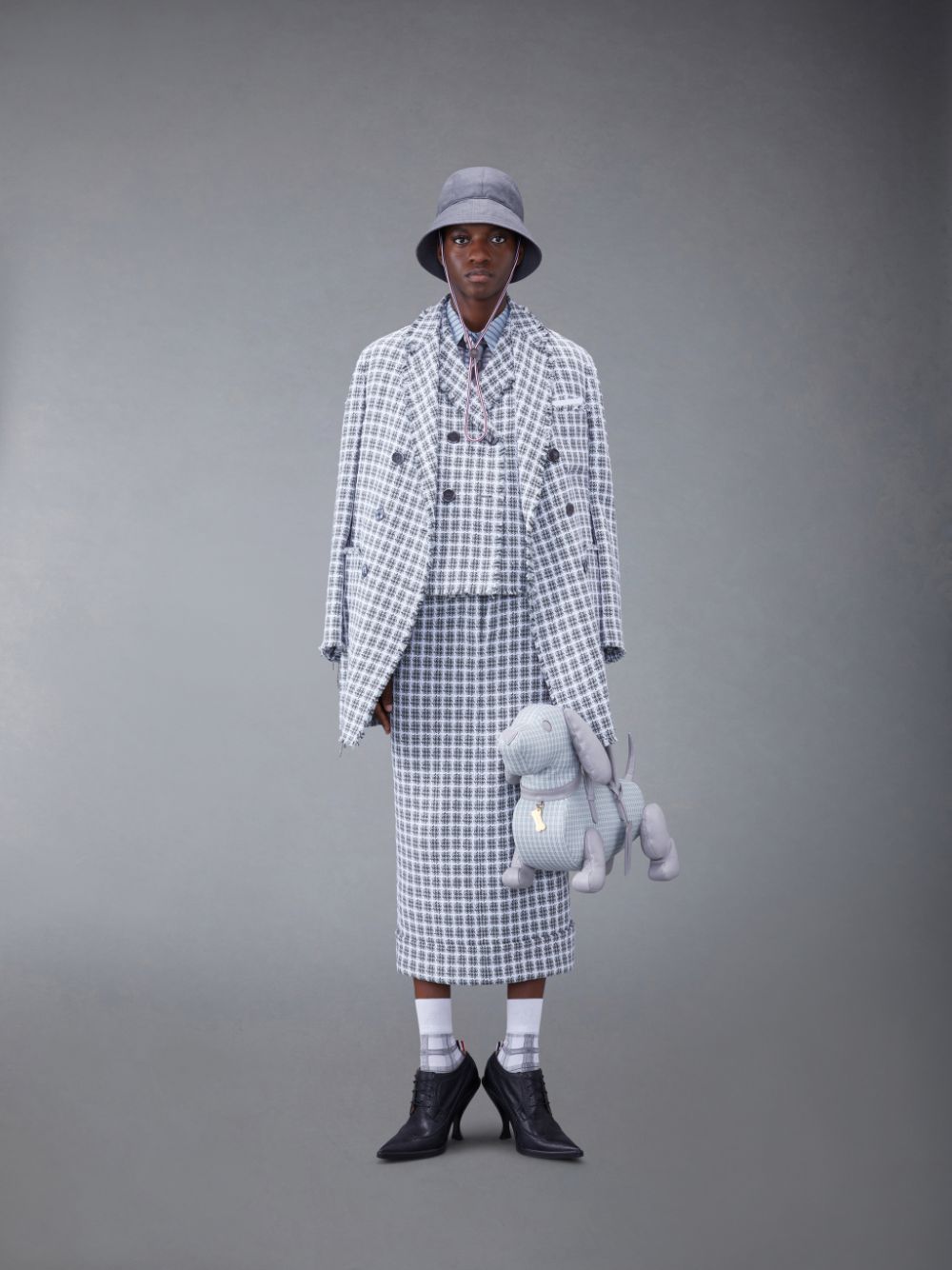 Abrigos Thom Browne Check Summer Tweed Fray Cropped Sack Sport Mujer Gris | LMK22X31517