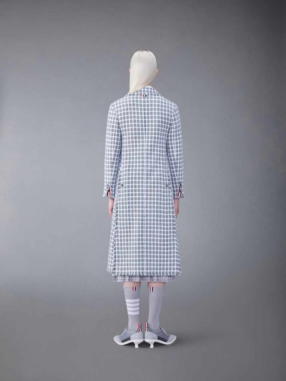 Abrigos Thom Browne Check Summer Tweed Fray Wide Lapel Mujer Gris | GNE45H57390