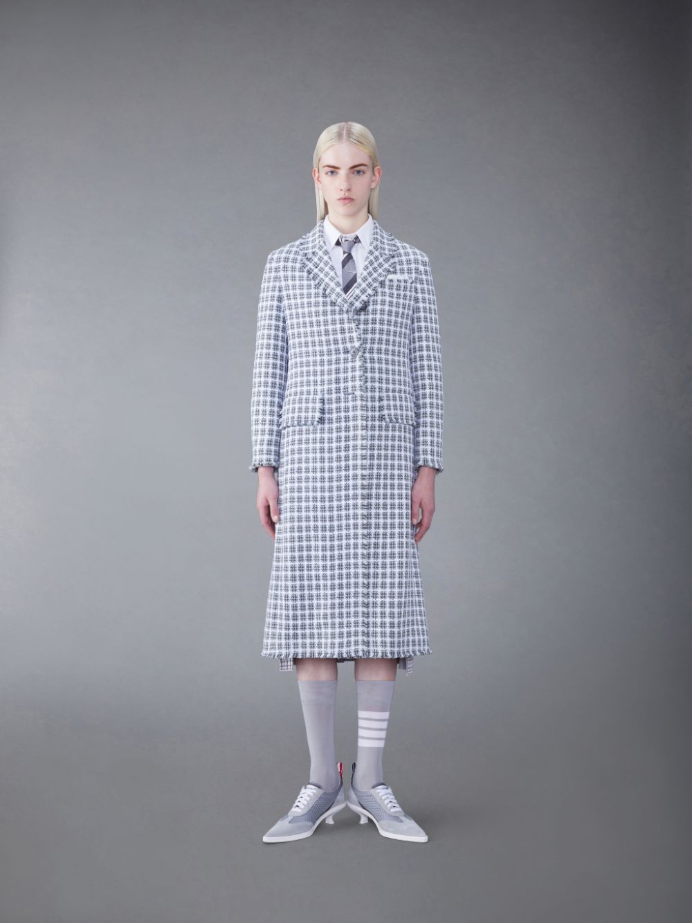 Abrigos Thom Browne Check Summer Tweed Fray Wide Lapel Mujer Gris | GNE45H57390