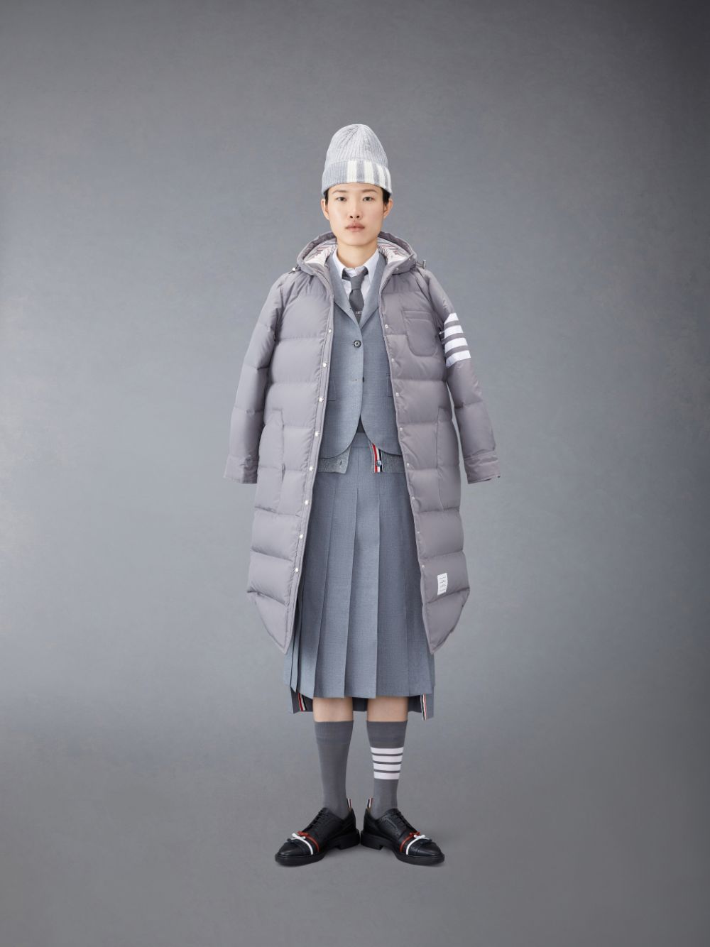 Abrigos Thom Browne Downfilled Ripstop 4-Bar Hooded Shirtdress Mujer Gris | PEL06U02767