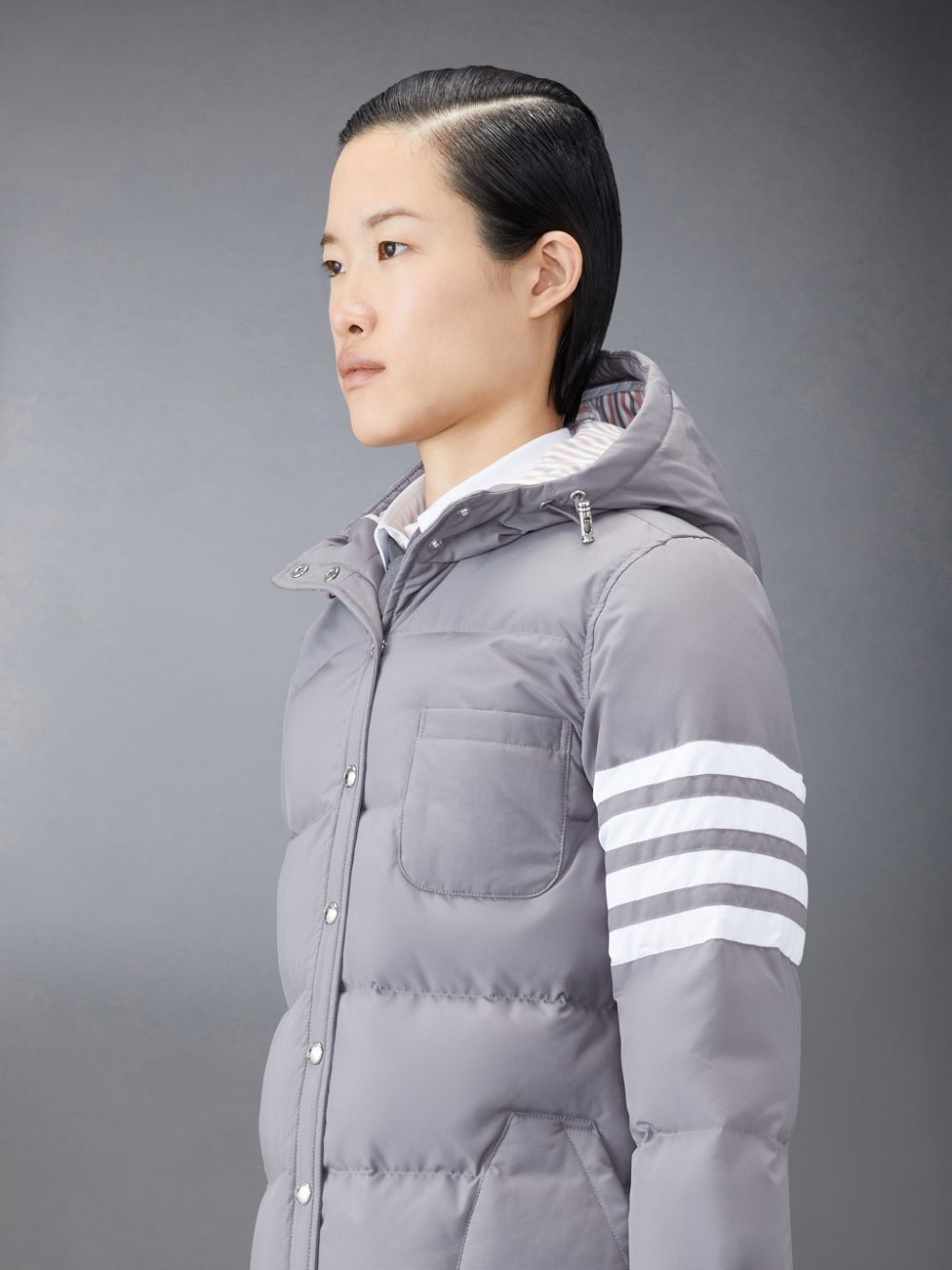 Abrigos Thom Browne Downfilled Ripstop 4-Bar Hooded Shirtdress Mujer Gris | PEL06U02767