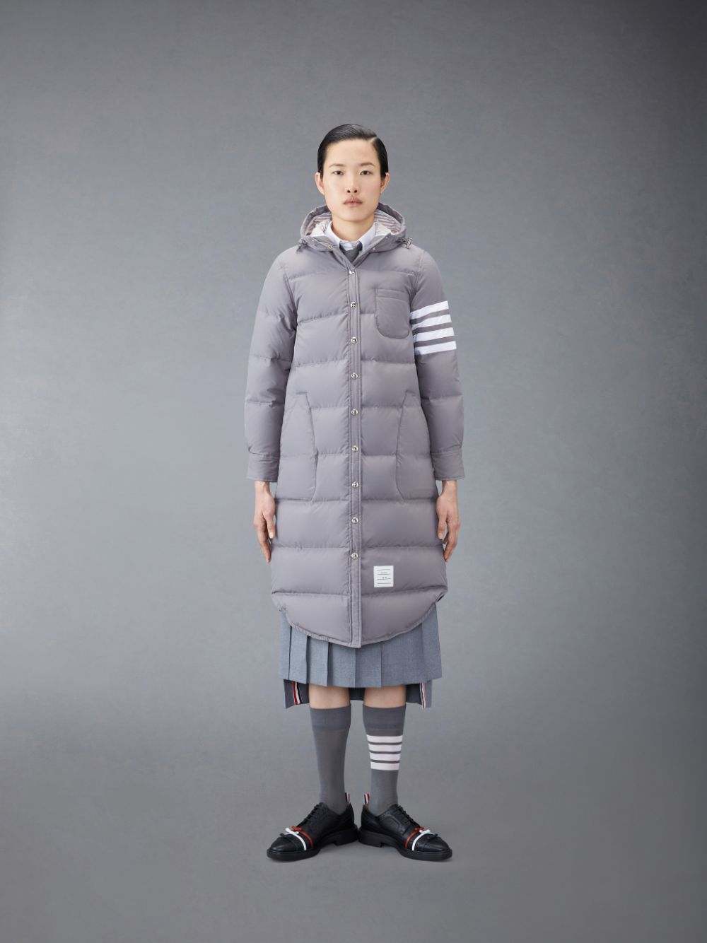 Abrigos Thom Browne Downfilled Ripstop 4-Bar Hooded Shirtdress Mujer Gris | PEL06U02767