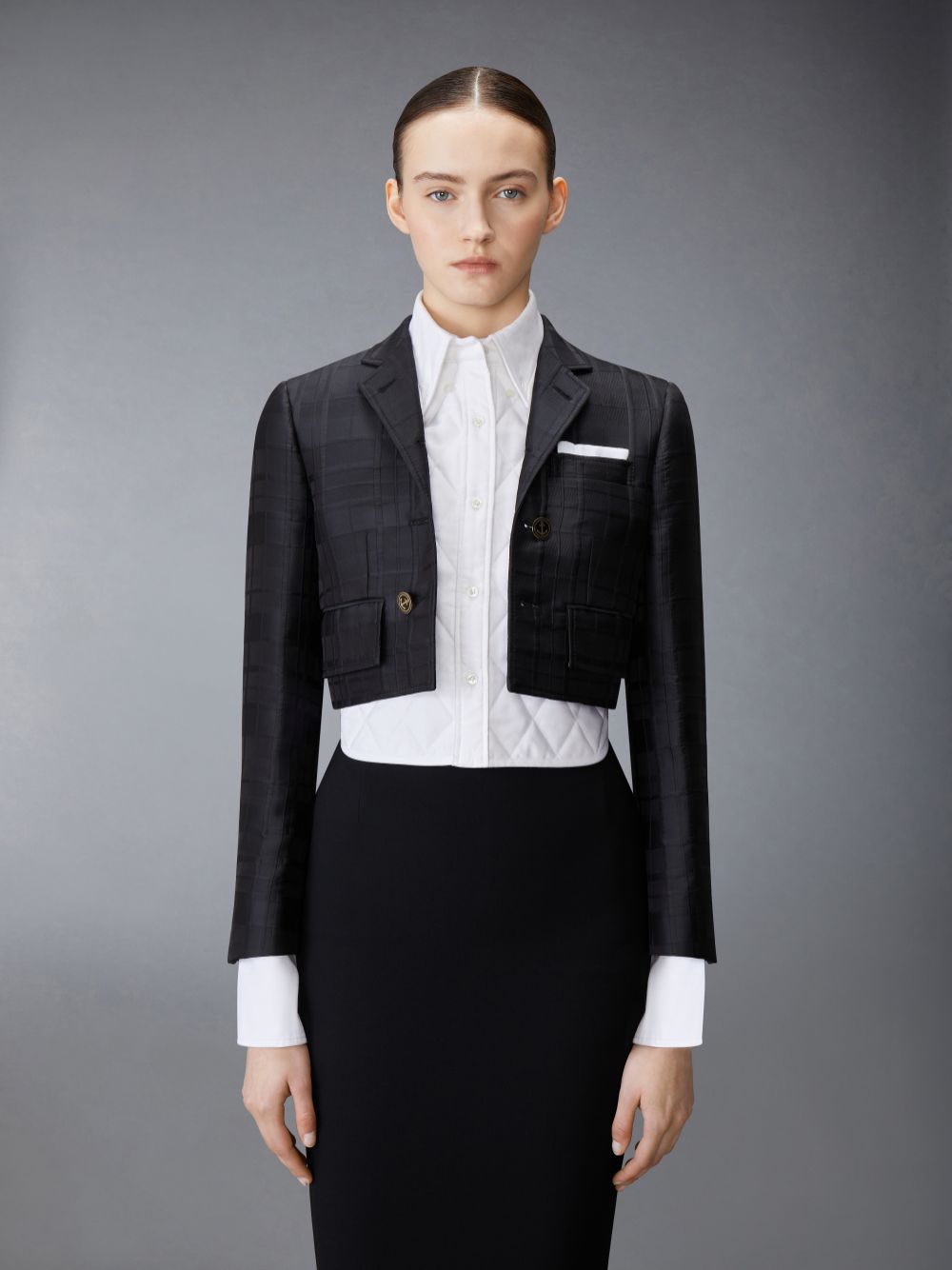 Abrigos Thom Browne Hunting Tartan 3D Windowpane Jacquard Cropped High Break Sport With Quilted Oxford Shirt Mujer Negras | KLS16R48488