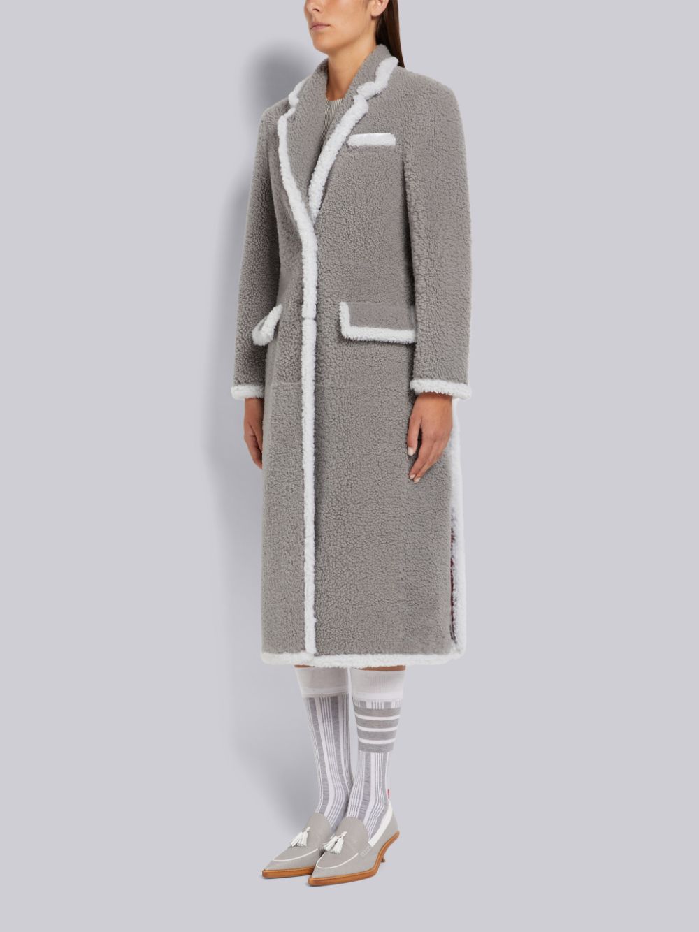 Abrigos Thom Browne Medium Dyed Shearling Contrast Framing Wide Lapel Mujer Gris | OXN63K24281