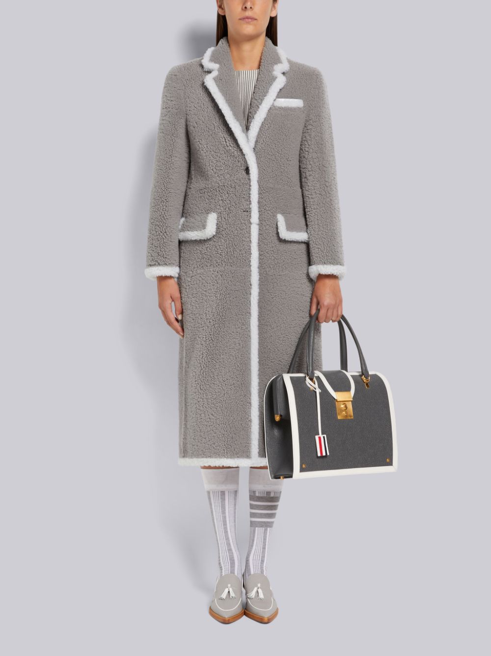 Abrigos Thom Browne Medium Dyed Shearling Contrast Framing Wide Lapel Mujer Gris | OXN63K24281