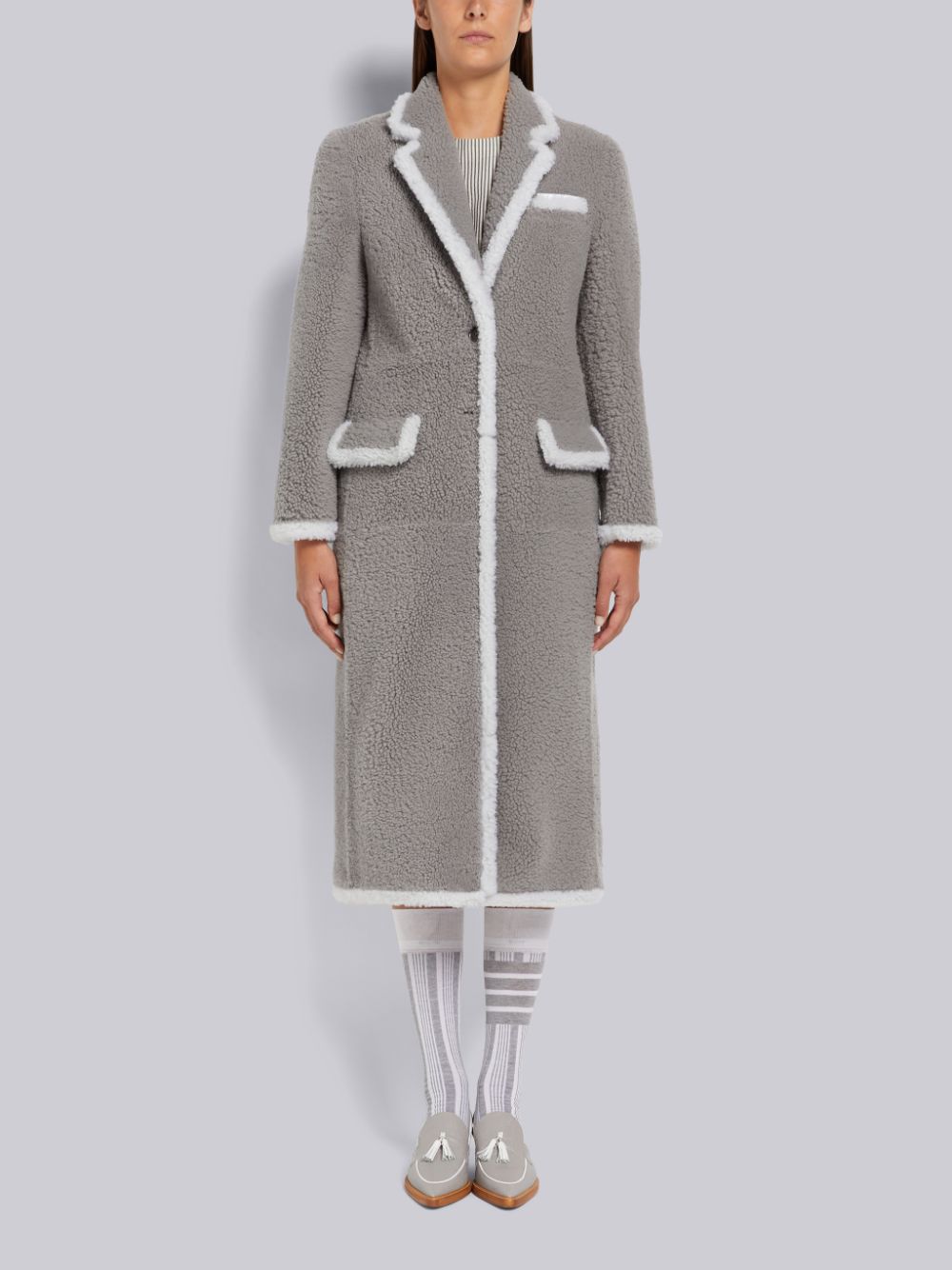Abrigos Thom Browne Medium Dyed Shearling Contrast Framing Wide Lapel Mujer Gris | OXN63K24281