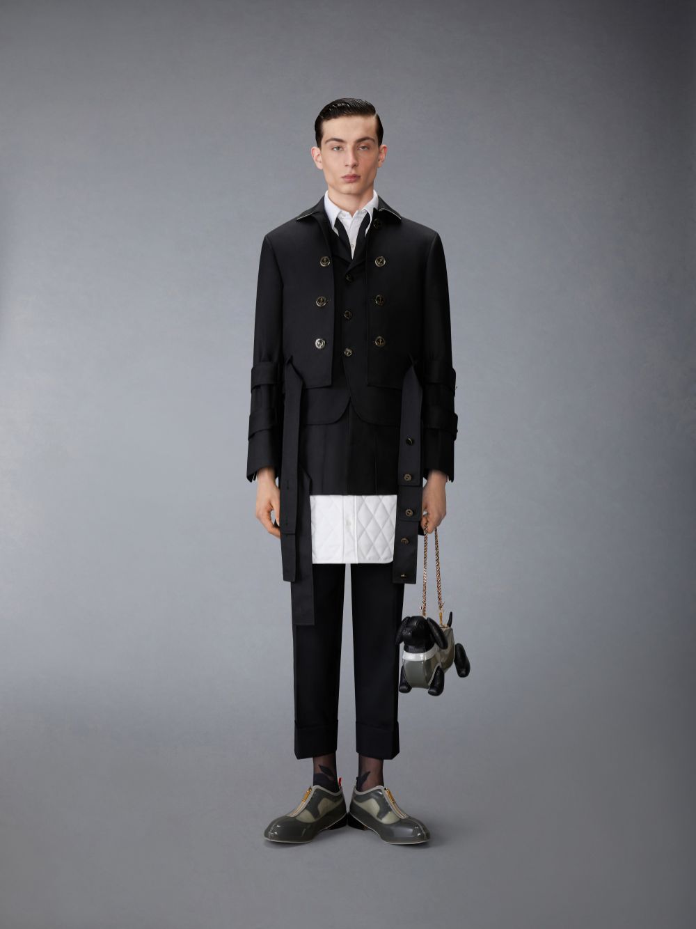 Abrigos Thom Browne Wool Flannel All in One Modular Bal Collar With Mini Pleated Skirt and Silk Faille Lapel Hombre Negras | KUE62K46983