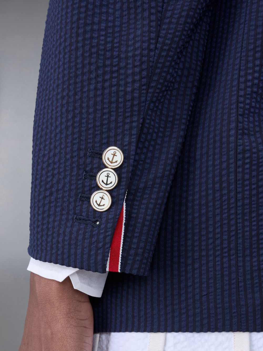 Abrigos Thom Browne Wool Seersucker Patch Pocket Sport Mujer Azules | QAE48U27230