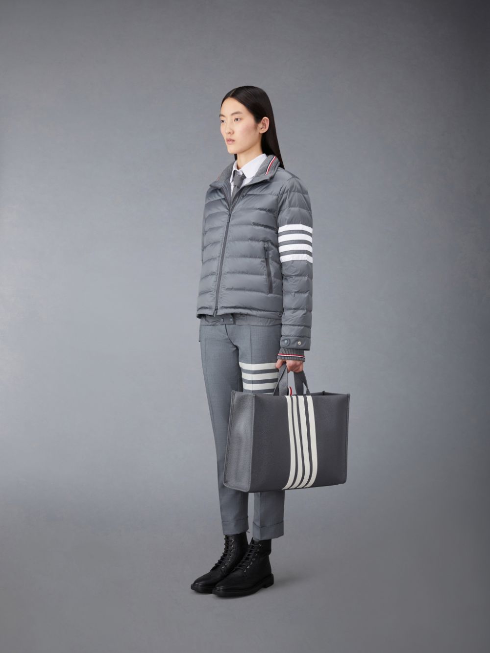 Bolso Tote Thom Browne Pebble Grain 4-Bar Squared Mujer Gris | PFG02U81381
