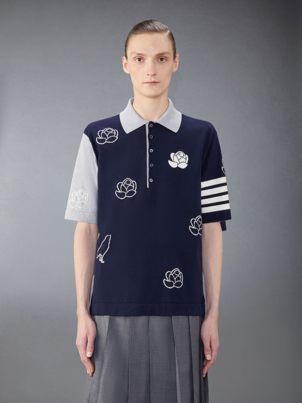 Camisa Polo Thom Browne Funmix Cotton 4-Bar Rose and Raven Hombre Azules | FXN05X23369