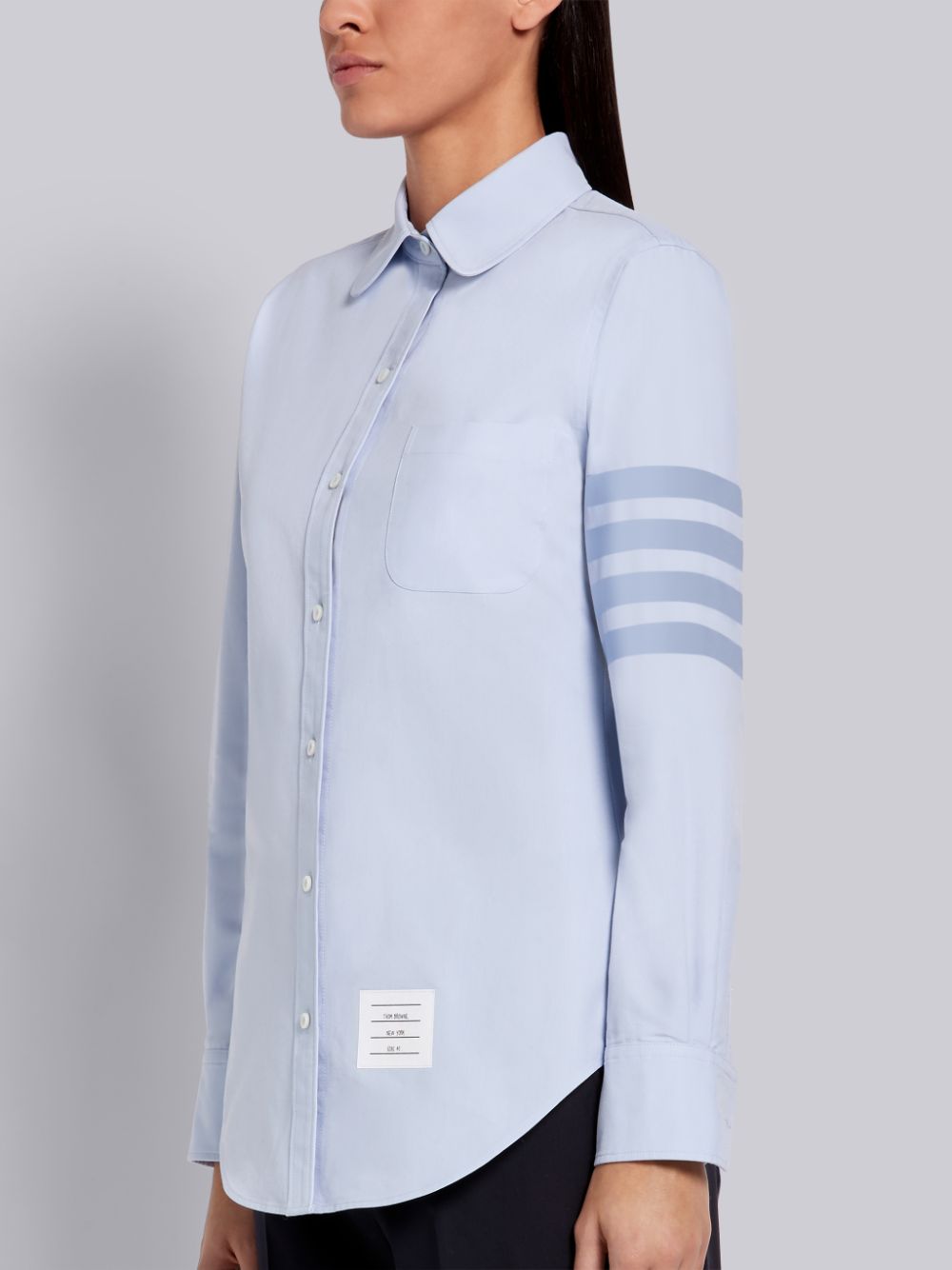 Camisas Thom Browne Light Blue Supima Cotton Oxford Satin Weave 4-Bar Long Sleeve Round Collar Mujer Azules | WIB35L50186
