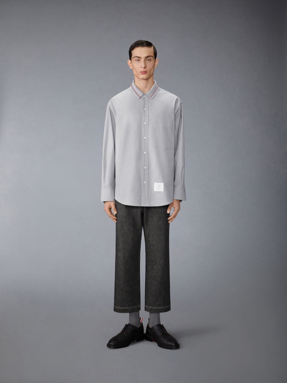 Camisas Thom Browne Stripe Cotton Flannel Oversized Hombre Gris | DMJ82B54048