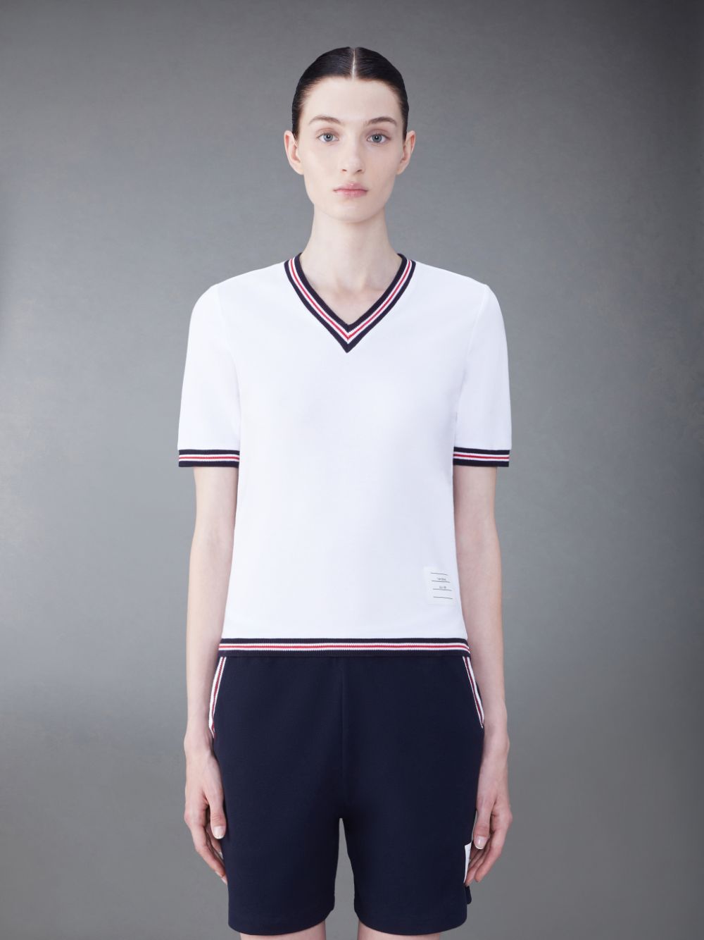 Camiseta Thom Browne Classic Pique Stripe Short Sleeve V-Neck Mujer Blancas | HAS16P12677