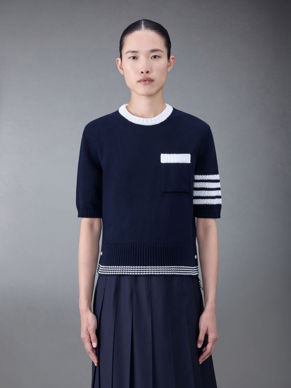 Camiseta Thom Browne Jersey 4-Bar Pointelle Mujer Azules | QHG70B31837