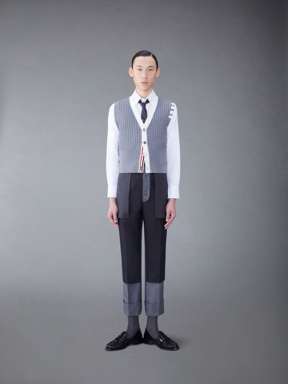 Chaleco Thom Browne Cotton 4-Bar V-Neck Cable Cardigan Hombre Gris | JCZ79D52090