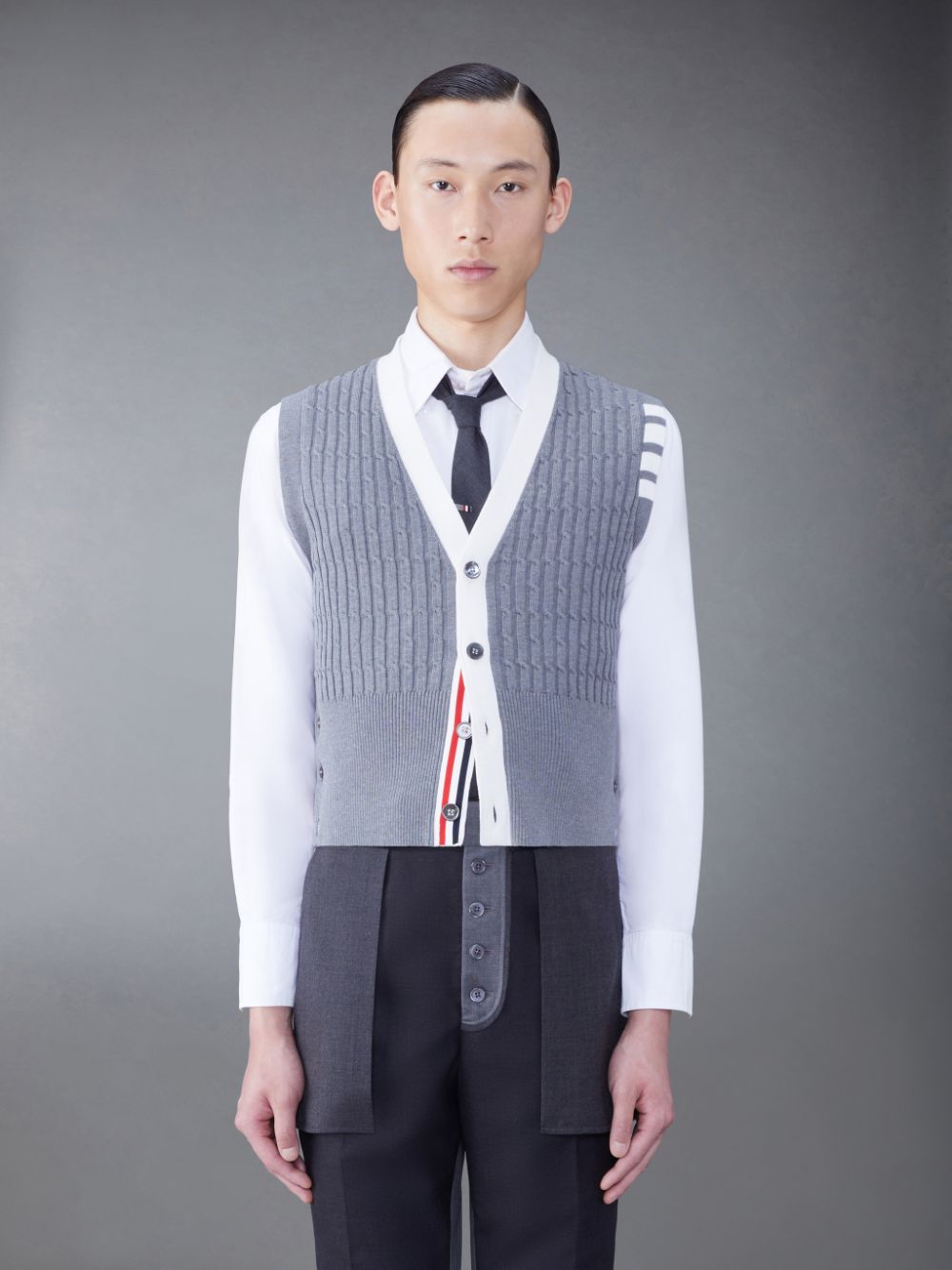 Chaleco Thom Browne Cotton 4-Bar V-Neck Cable Cardigan Hombre Gris | JCZ79D52090