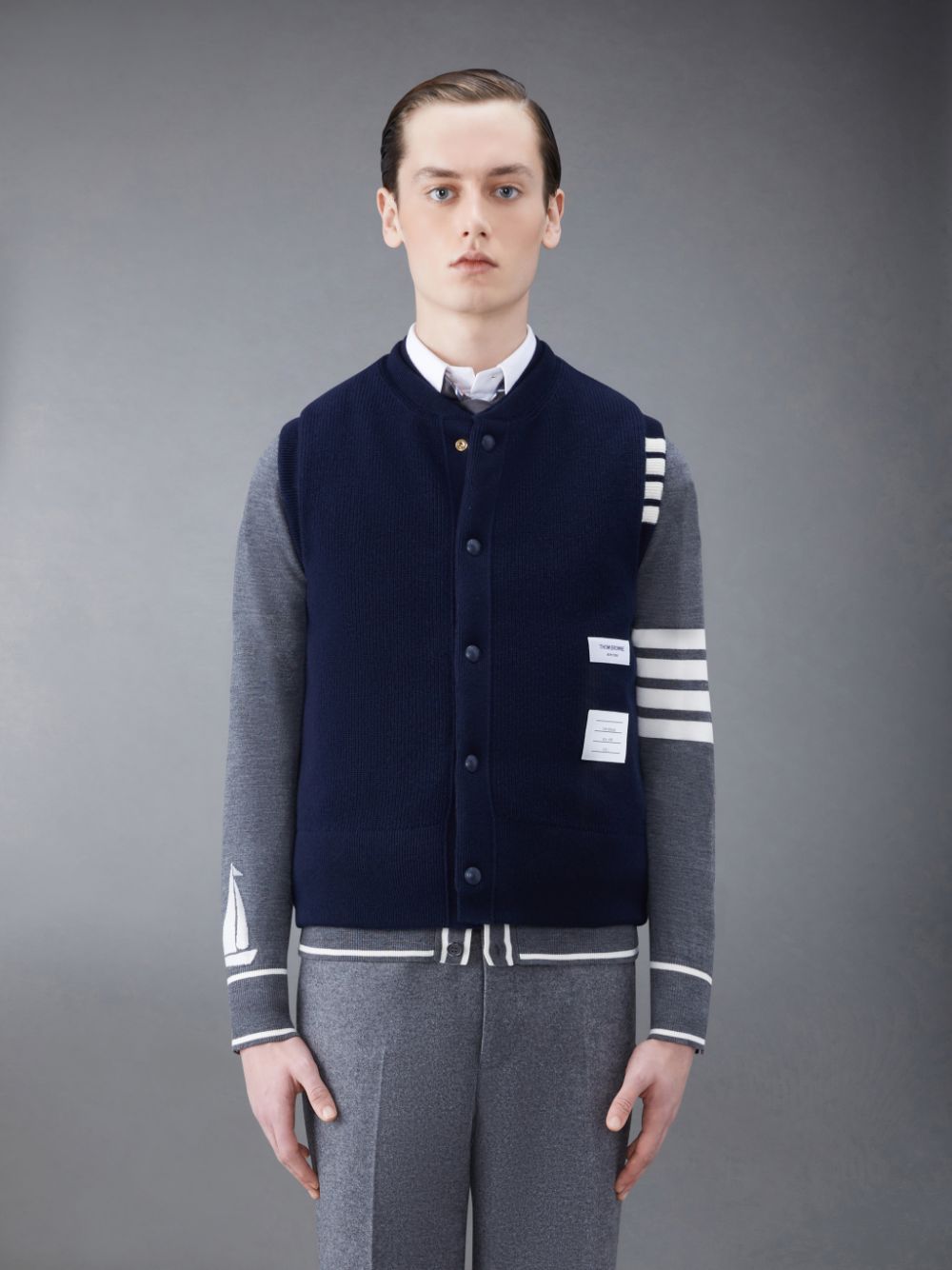 Chaleco Thom Browne MERINO AND JERSEY PADDED REVERSIBLE 4-BAR Hombre Azules | LUI17D06932