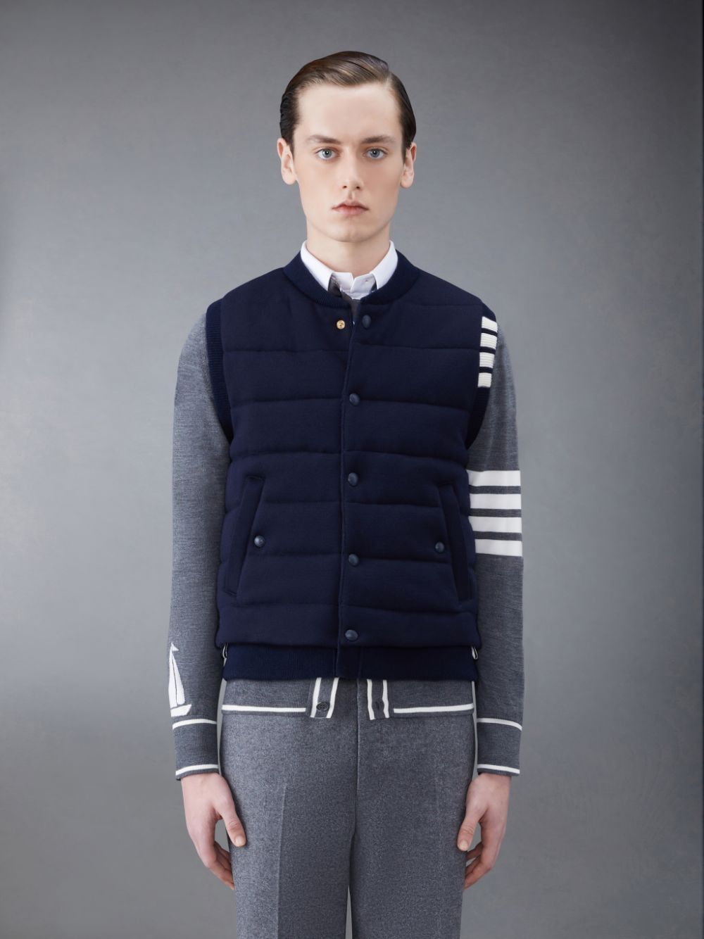 Chaleco Thom Browne MERINO AND JERSEY PADDED REVERSIBLE 4-BAR Hombre Azules | LUI17D06932