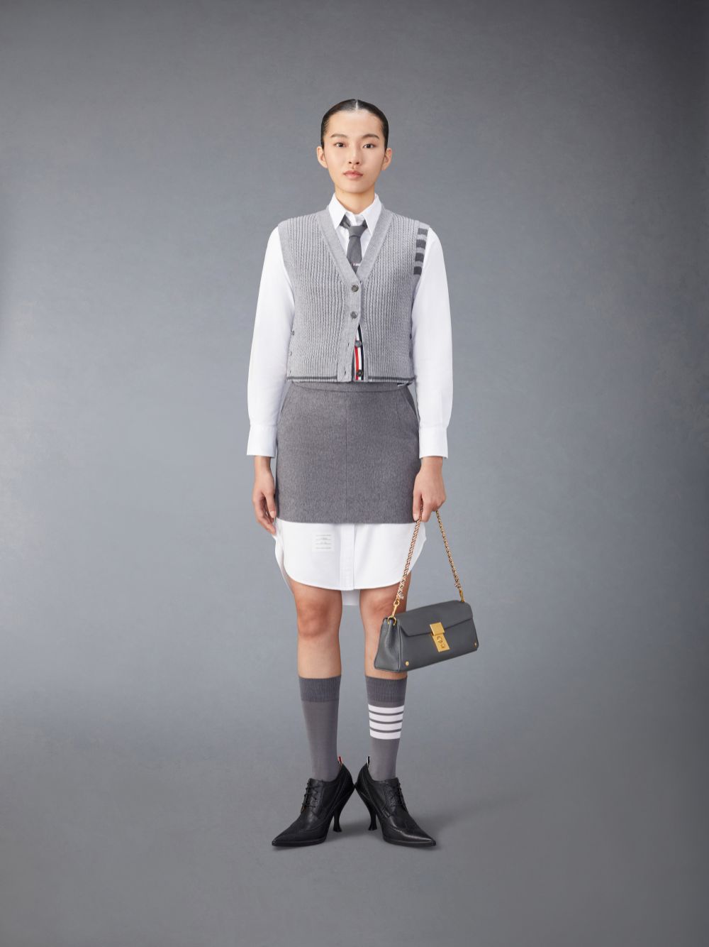 Chaleco Thom Browne Merino Wool 4-Bar Cropped Cable Cardigan Mujer Gris | CDX30R11610