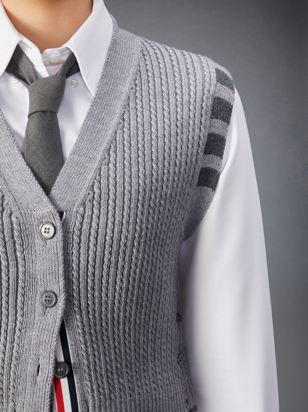 Chaleco Thom Browne Merino Wool 4-Bar Cropped Cable Cardigan Mujer Gris | CDX30R11610