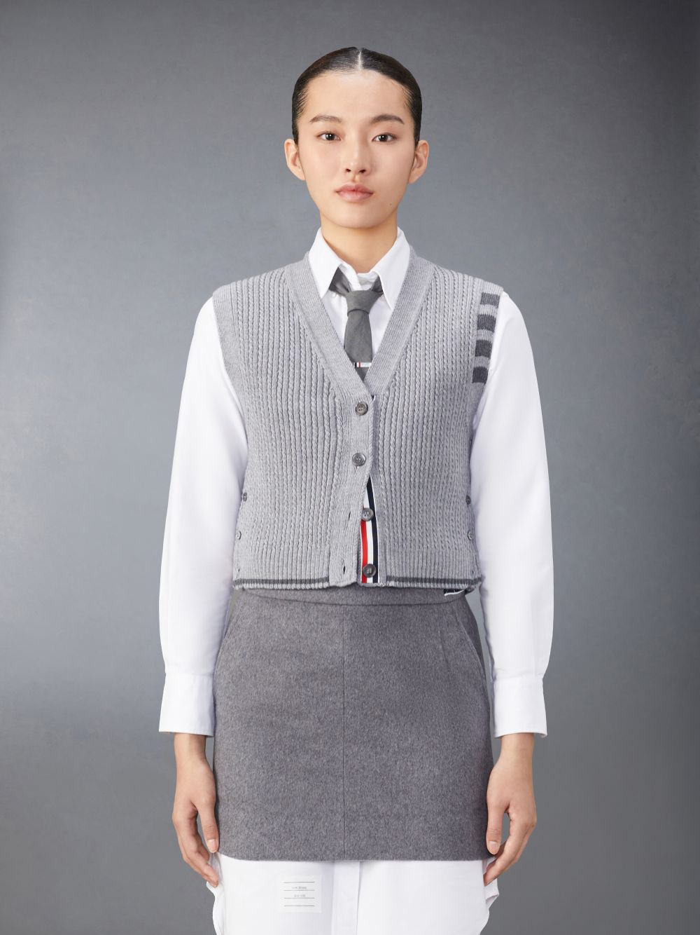 Chaleco Thom Browne Merino Wool 4-Bar Cropped Cable Cardigan Mujer Gris | CDX30R11610