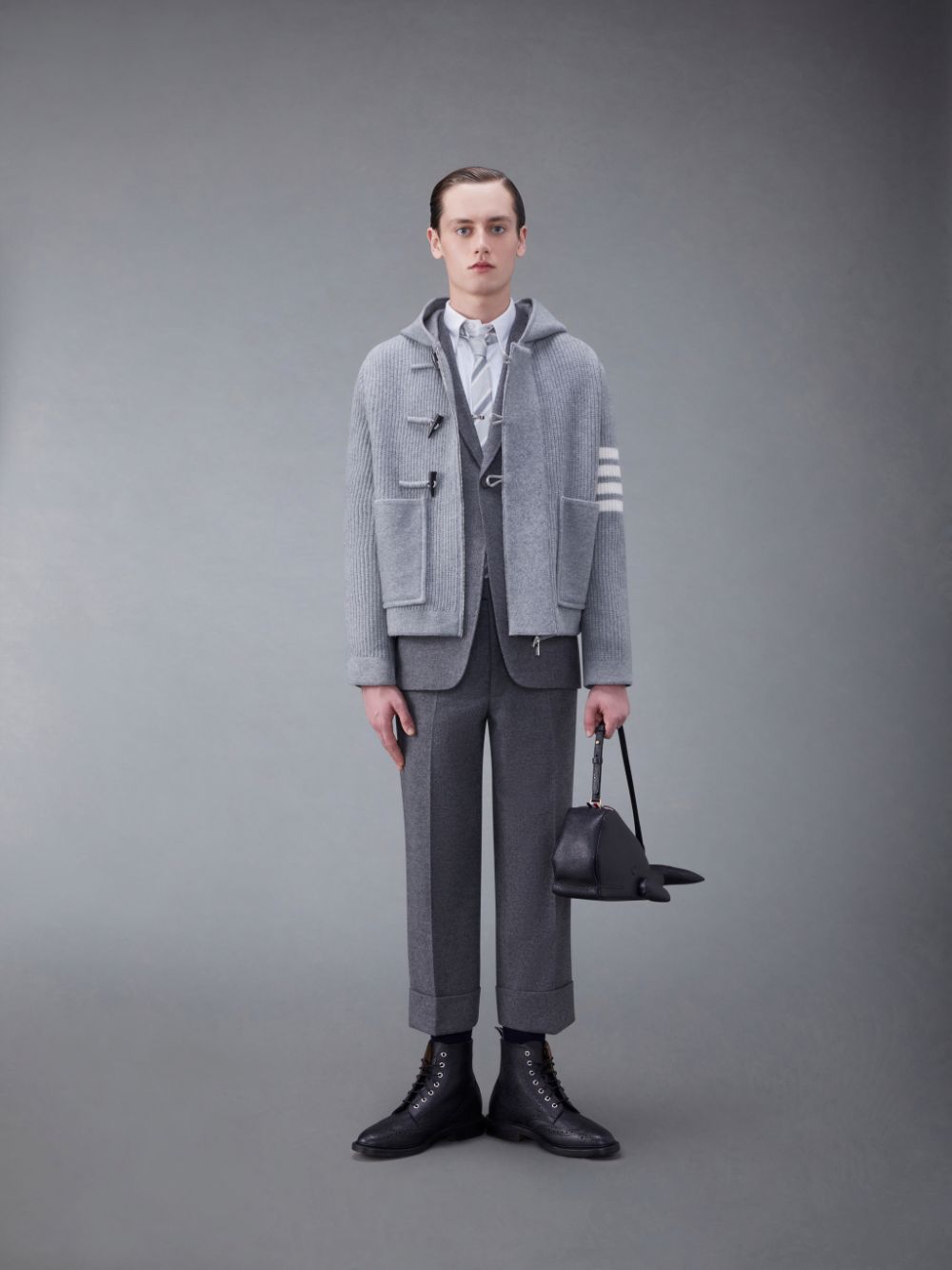 Chaquetas Thom Browne Boiled Wool Half Cardigan Stitch Hooded 4-Bar Duffle Hombre Gris | DCB22W19984