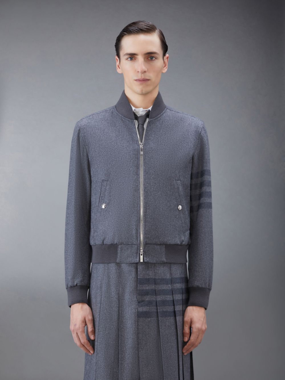 Chaquetas Thom Browne Flannel 4-Bar Knit Rib Blouson Hombre Gris | SBN22L25417