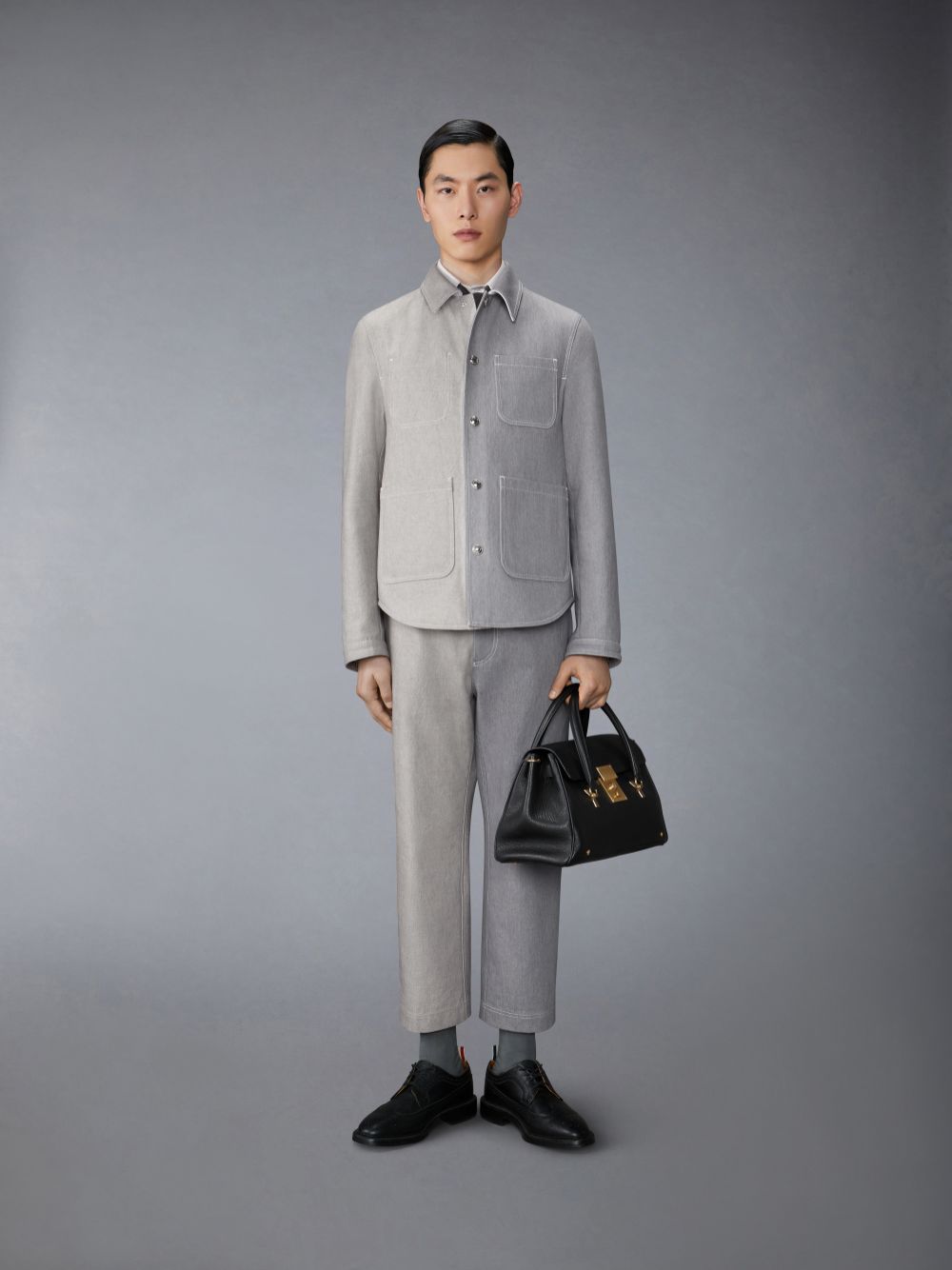 Chaquetas Thom Browne Funmix Washed Denim Contrast Topstitching Utility Patch Pocket Hombre Gris | WRT55U17218