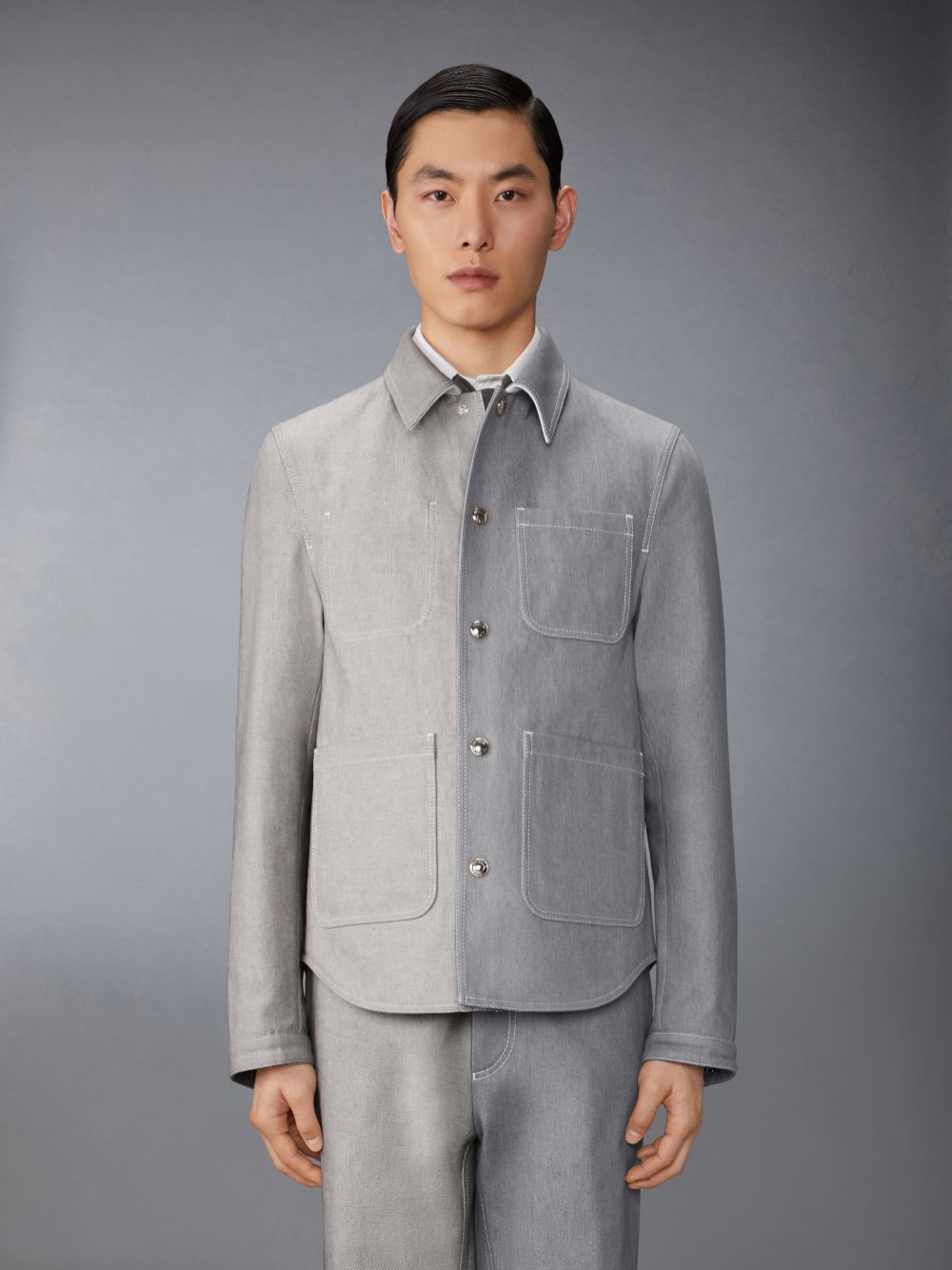 Chaquetas Thom Browne Funmix Washed Denim Contrast Topstitching Utility Patch Pocket Hombre Gris | WRT55U17218