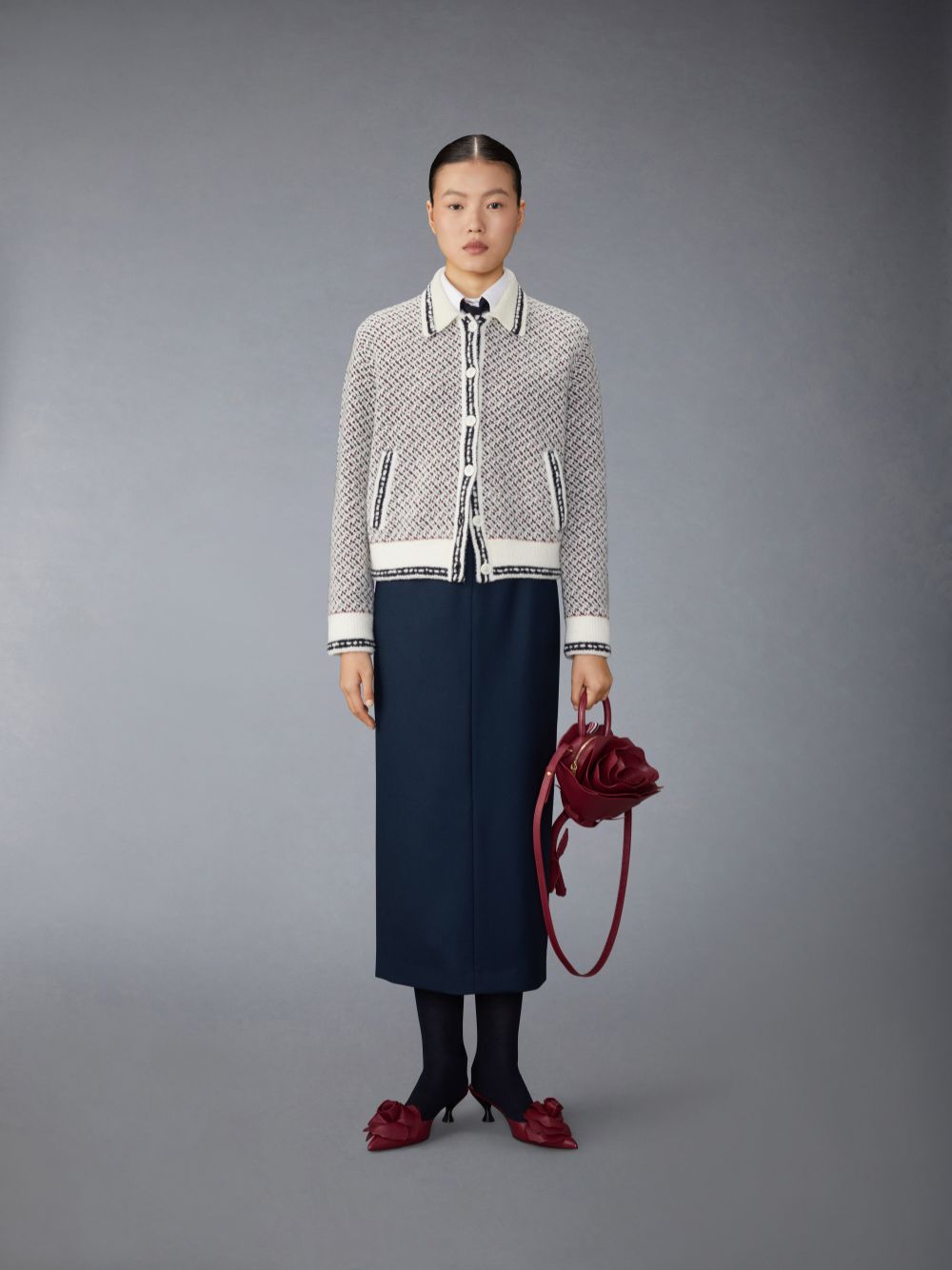Chaquetas Thom Browne Merino Wool Boucle and Mohair Tweed Jacquard Polo Collar Bomber Mujer Blancas | UVL84H48980
