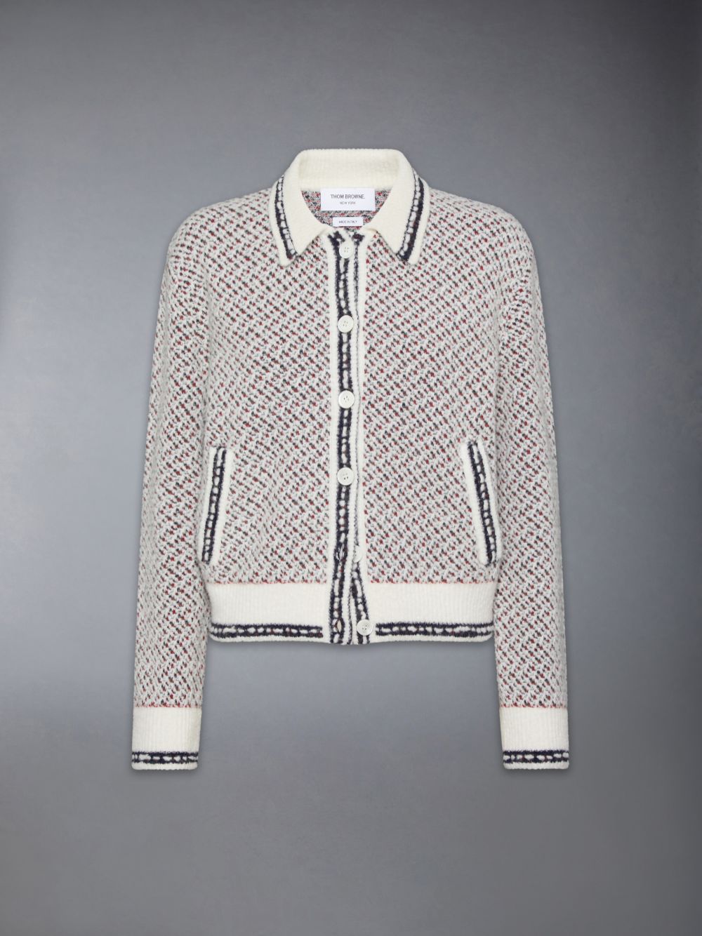 Chaquetas Thom Browne Merino Wool Boucle and Mohair Tweed Jacquard Polo Collar Bomber Mujer Blancas | UVL84H48980