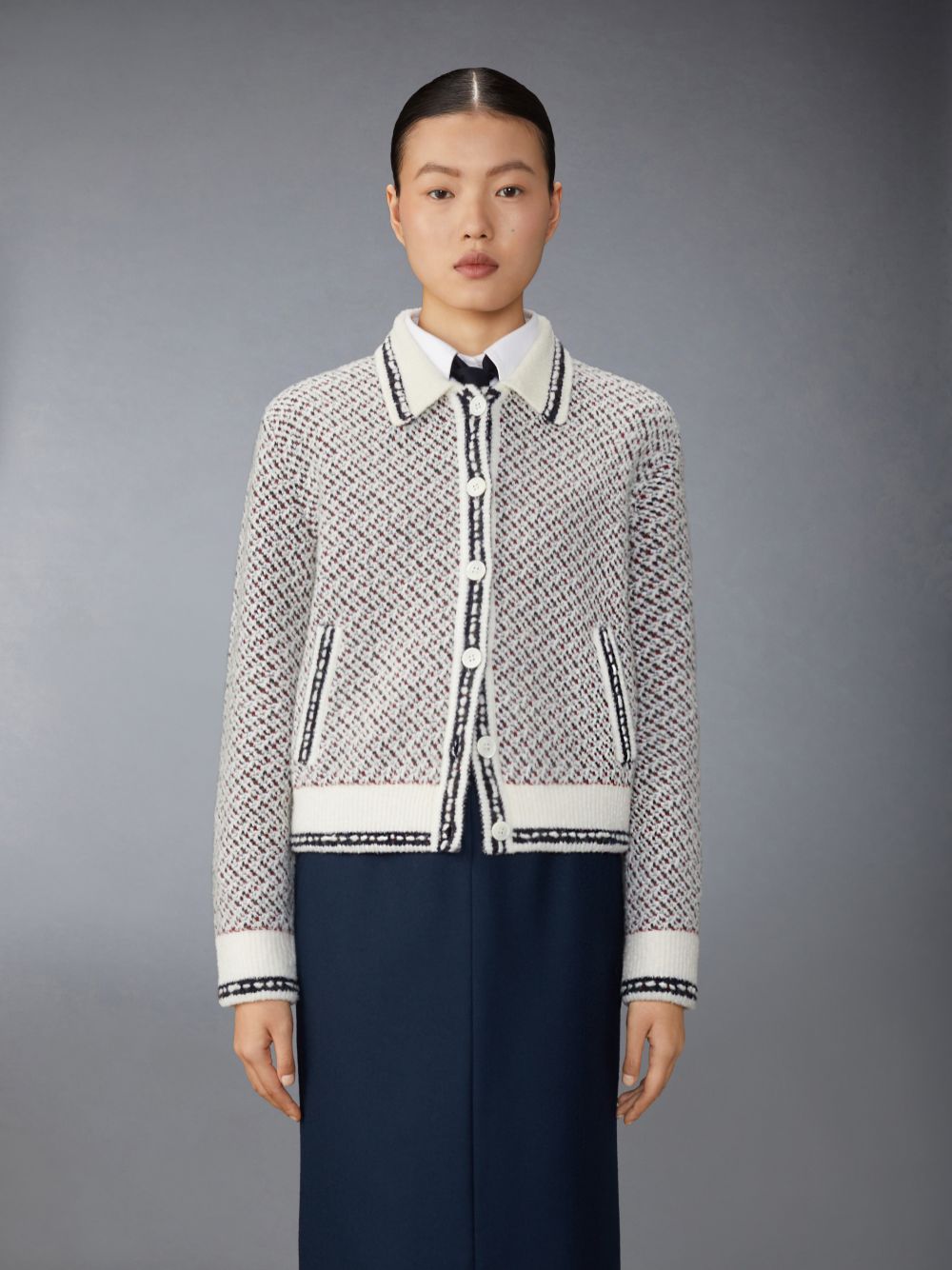 Chaquetas Thom Browne Merino Wool Boucle and Mohair Tweed Jacquard Polo Collar Bomber Mujer Blancas | UVL84H48980