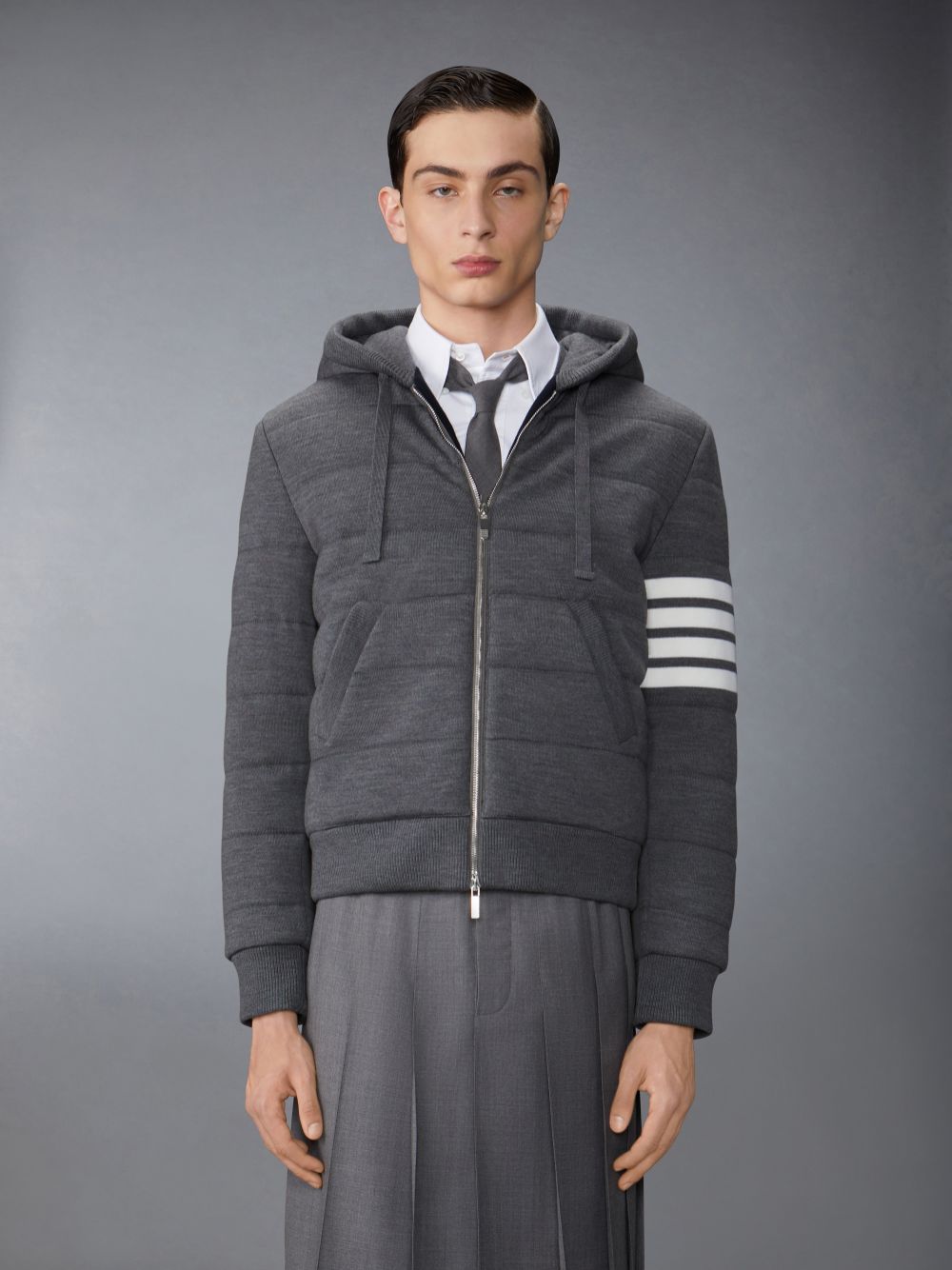 Chaquetas Thom Browne Merino Wool Jersey Stitch Padded 4-Bar Zip up Hoodie Hombre Gris | RSX01D72498