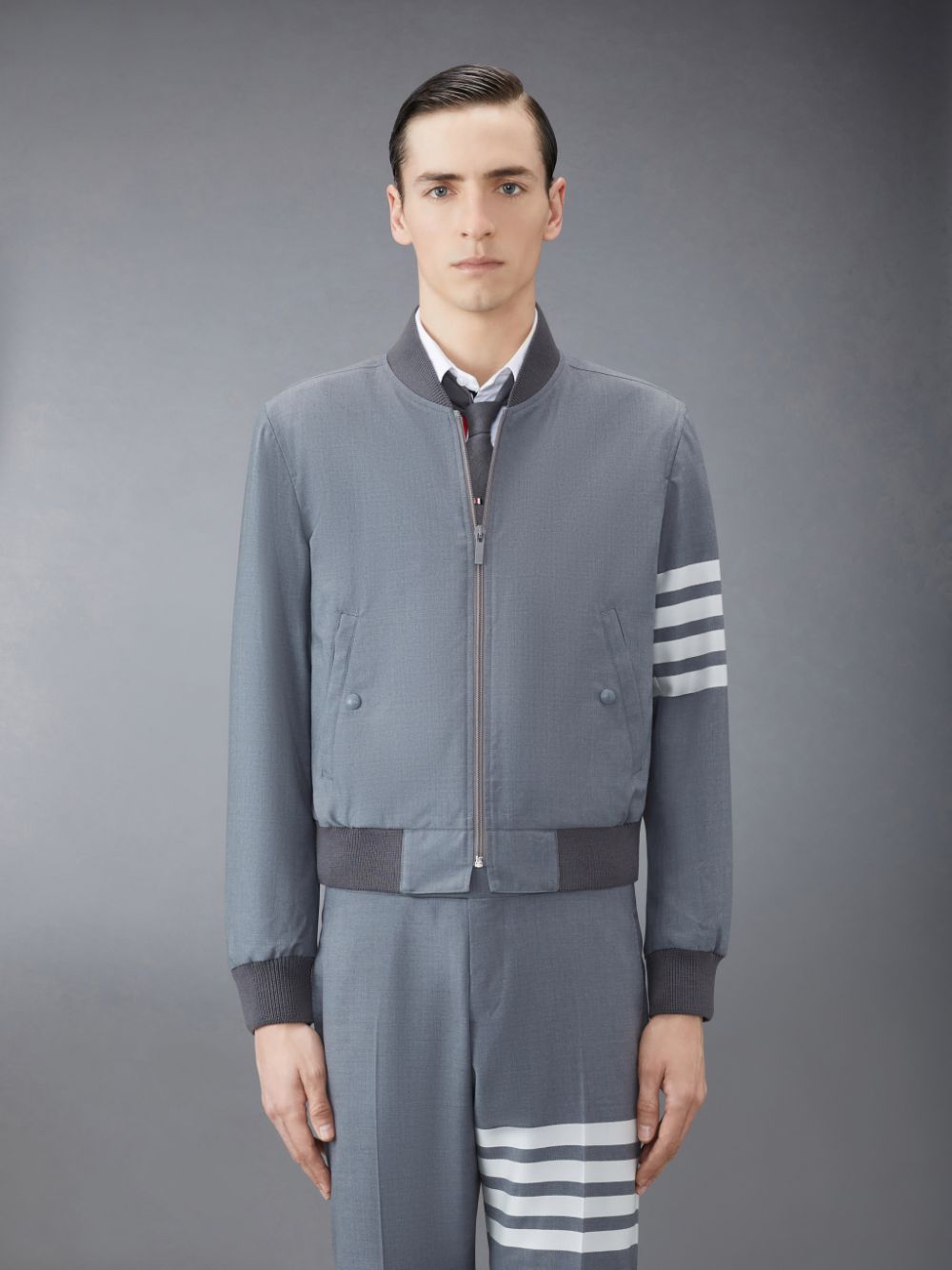 Chaquetas Thom Browne Plain Weave 4-Bar Kint Rib Blouson Hombre Gris | OJP94E25133