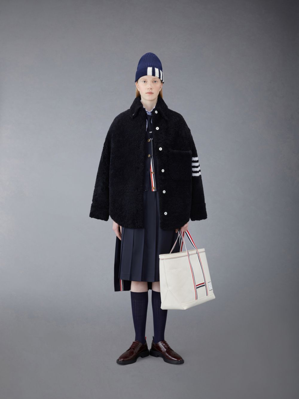 Chaquetas Thom Browne Shearling 4-Bar Supersized Shirt Mujer Azules | KEG85X37035