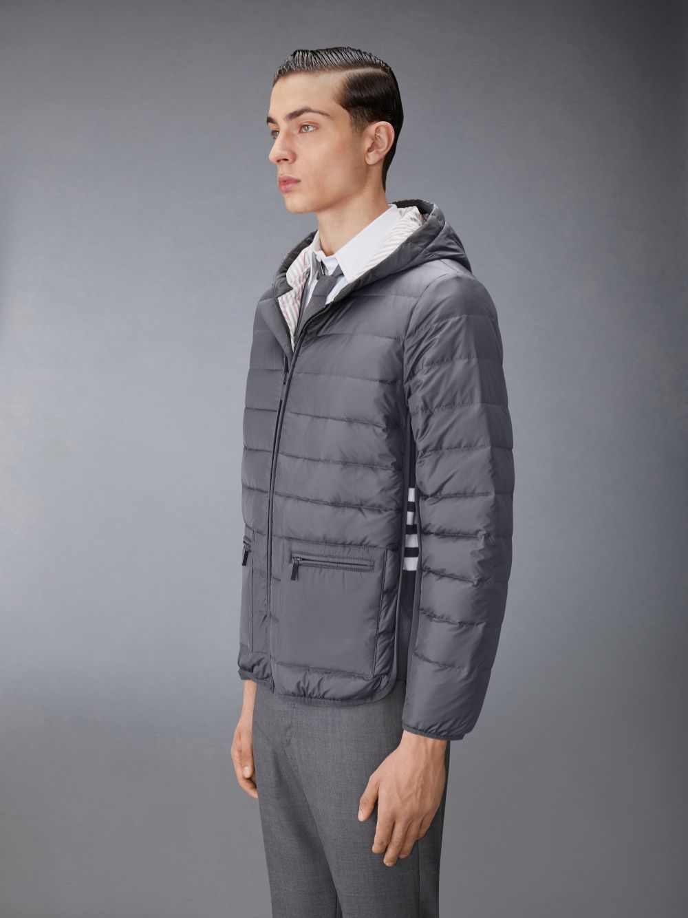 Chaquetas Thom Browne Ultra Light Nylon Down Hooded Hombre Gris | JBE19Z95121