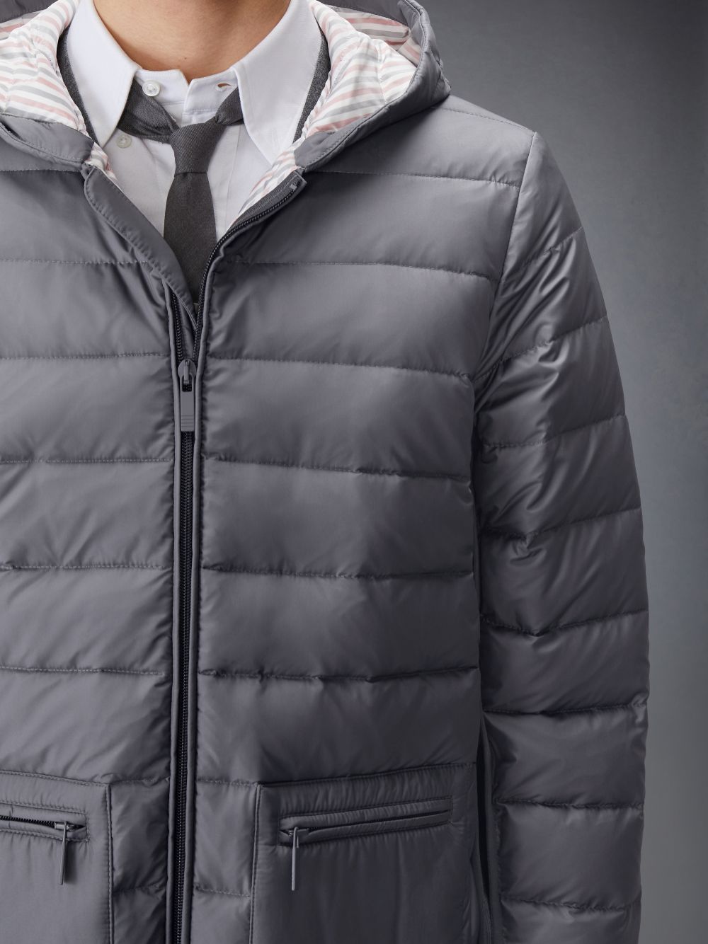 Chaquetas Thom Browne Ultra Light Nylon Down Hooded Hombre Gris | JBE19Z95121