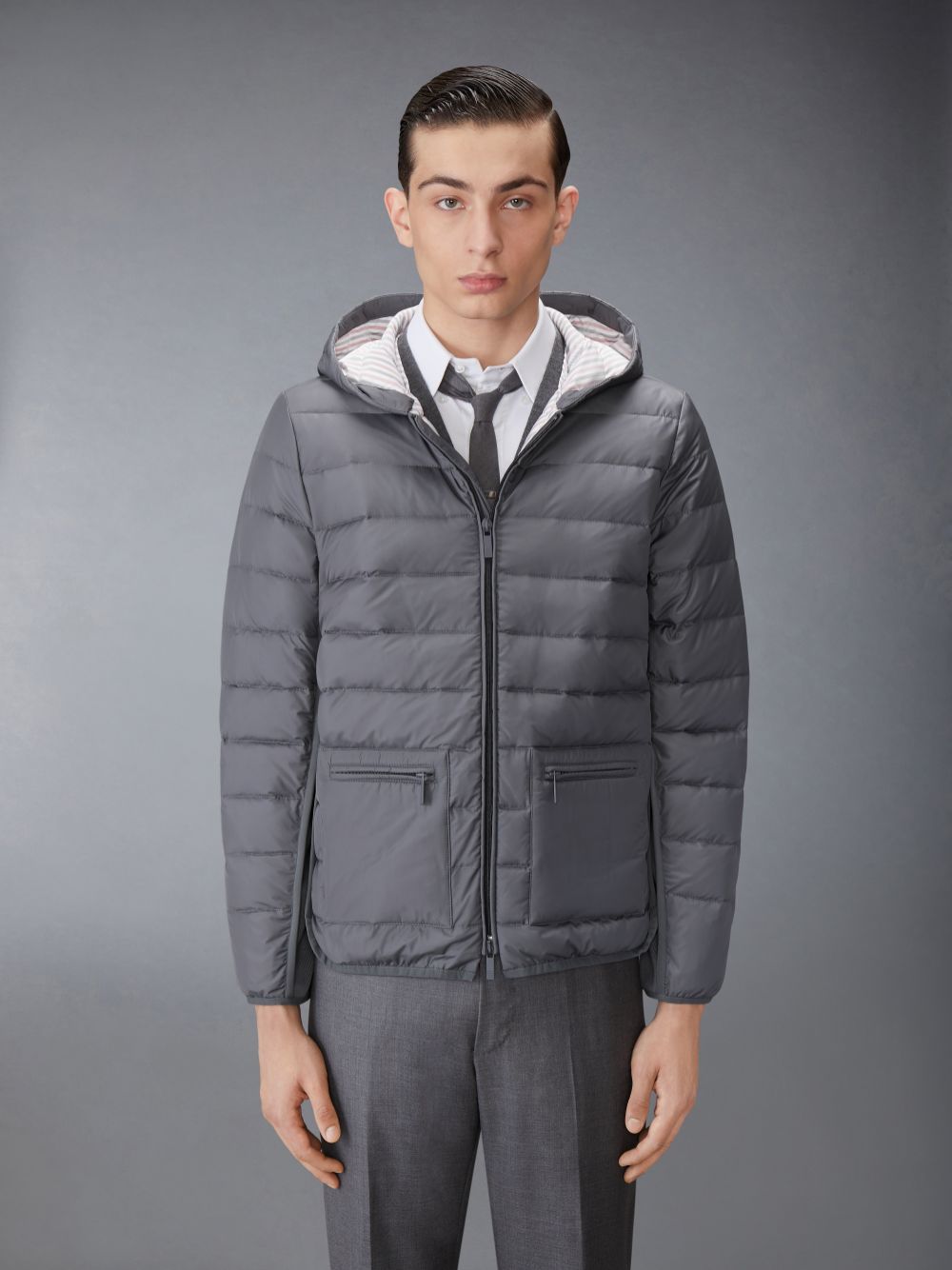 Chaquetas Thom Browne Ultra Light Nylon Down Hooded Hombre Gris | JBE19Z95121