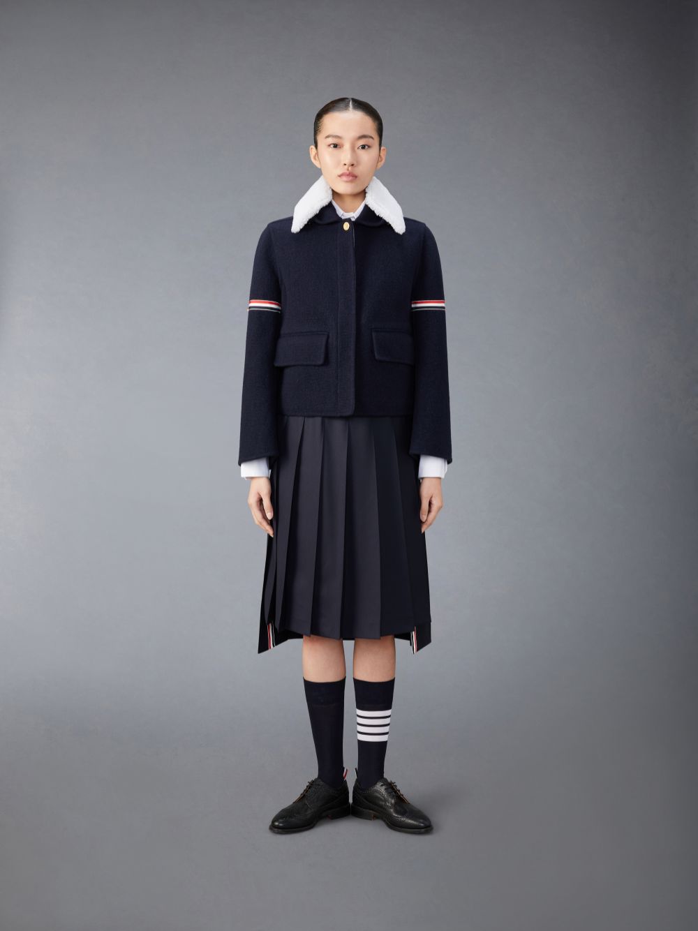 Chaquetas Thom Browne Wool Cashmere Armband Bell Sleeve With Shearling Collar Mujer Azules | LGC23X32671