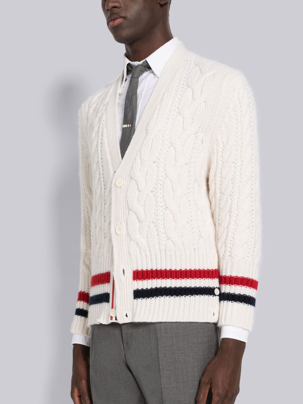 Cárdigan Thom Browne Aran Cable Cashmere Stripe V-Neck Hombre Blancas | SQW85Q17555