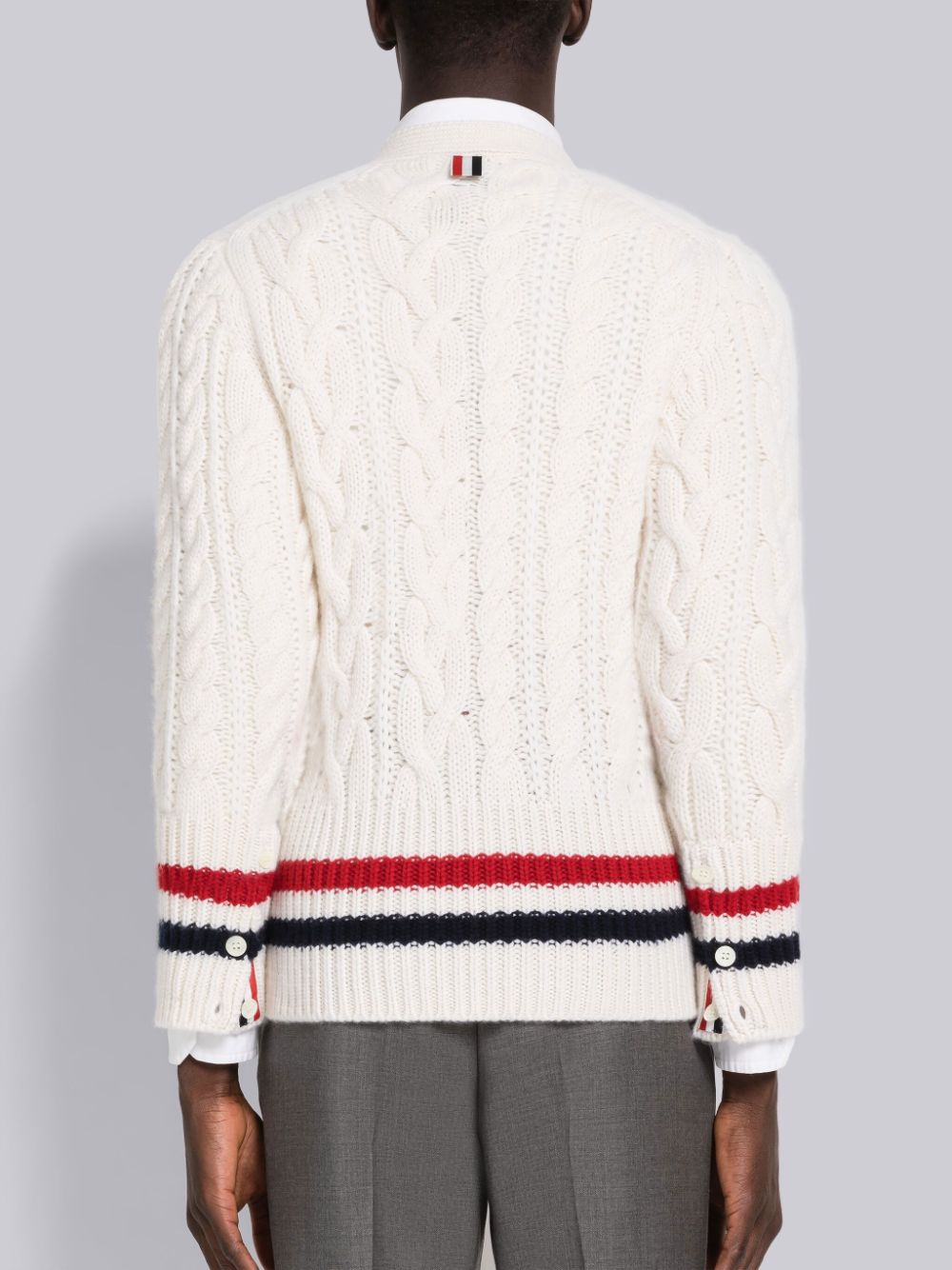 Cárdigan Thom Browne Aran Cable Cashmere Stripe V-Neck Hombre Blancas | SQW85Q17555