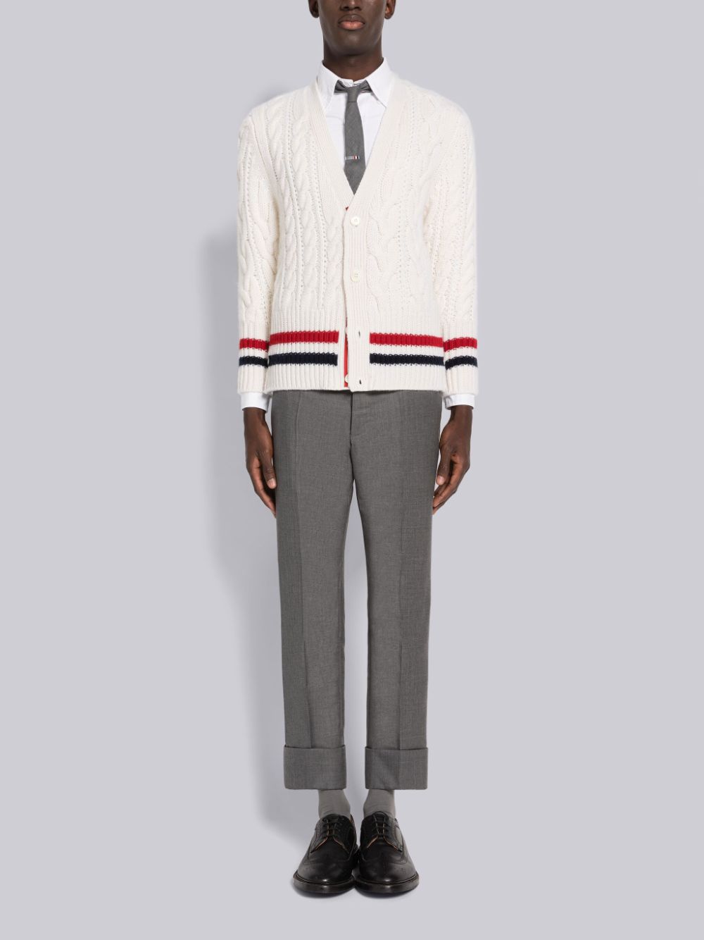 Cárdigan Thom Browne Aran Cable Cashmere Stripe V-Neck Hombre Blancas | SQW85Q17555