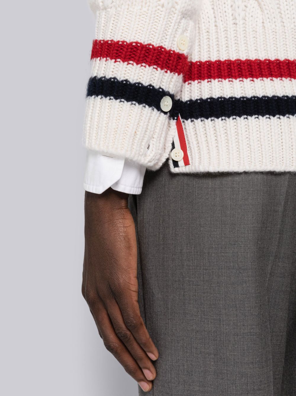 Cárdigan Thom Browne Aran Cable Cashmere Stripe V-Neck Hombre Blancas | SQW85Q17555