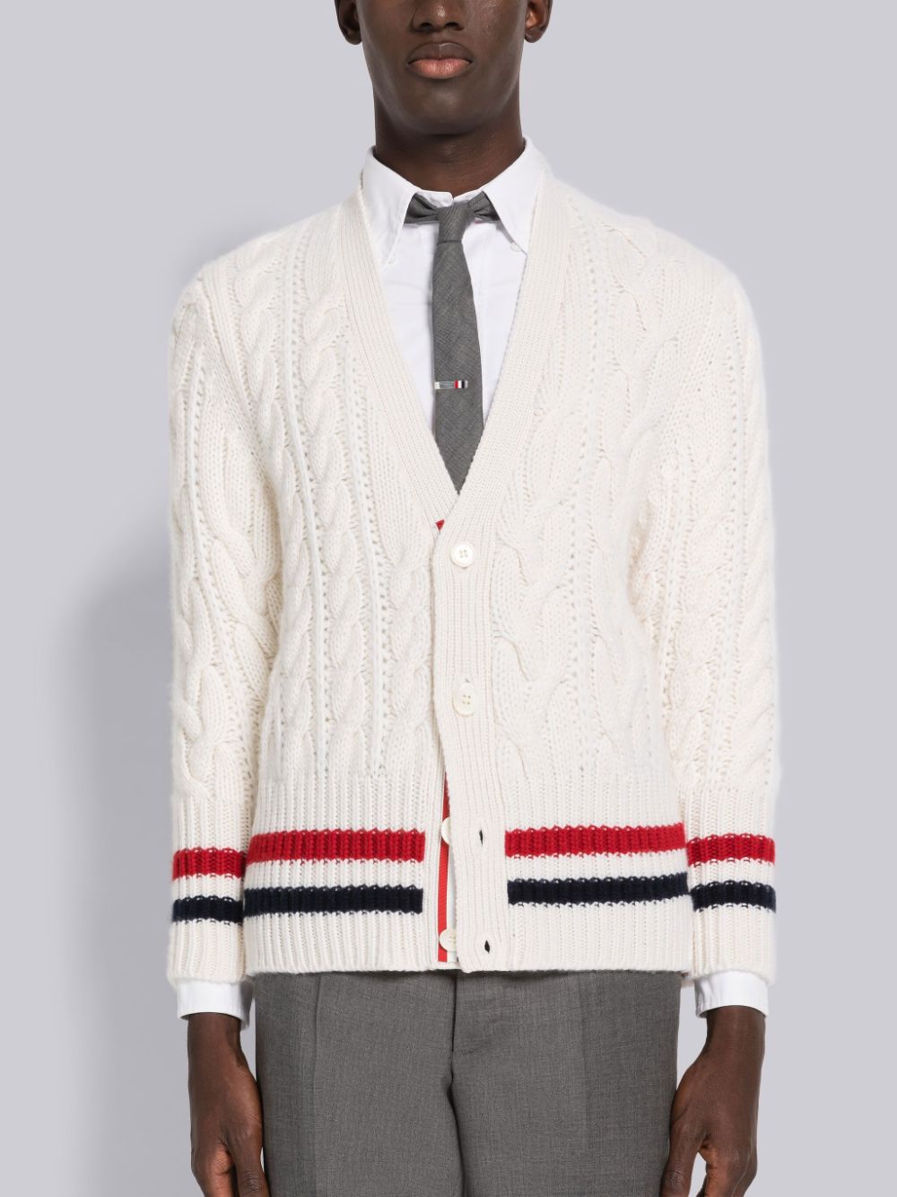 Cárdigan Thom Browne Aran Cable Cashmere Stripe V-Neck Hombre Blancas | SQW85Q17555