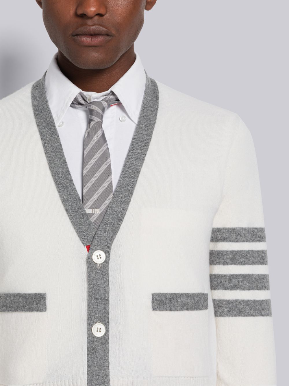 Cárdigan Thom Browne Cashmere Stripe V-Neck Hombre Blancas | YJQ07Y97055