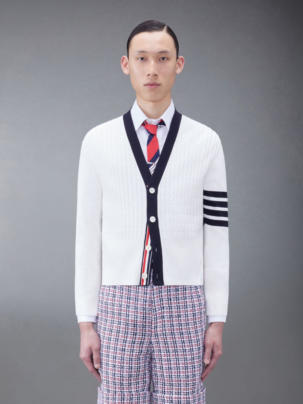 Cárdigan Thom Browne Cotton 4-Bar V-Neck Cable Hombre Blancas | IFB56J30791