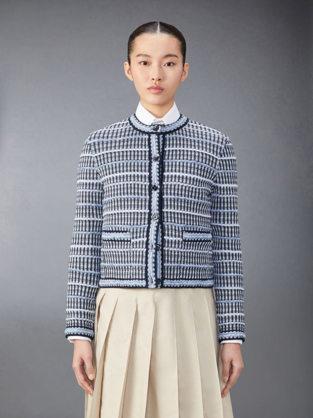 Cárdigan Thom Browne Cotton Linen Tweed Jacquard Mujer Azules | YWW42N03166